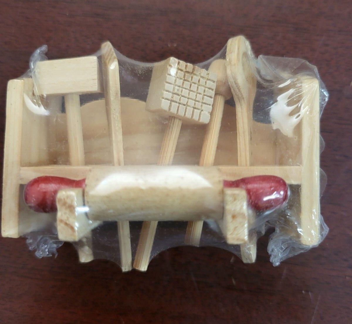 Wood Miniature Kitchen Tool Rack Magnet 3W x 2.5"H  Rolling Pin Tenderizer Spoon