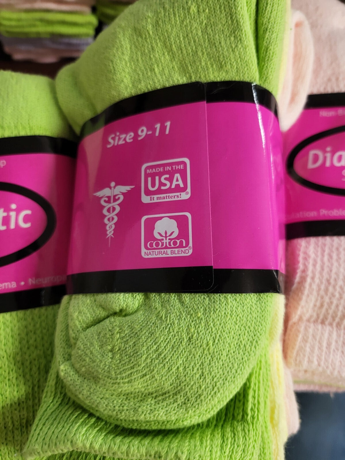 3 Pair Diabetic Ankle Socks Green Pink Yellow Non-Binding Top Ladies Shoe siz