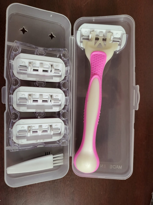 Ladies Razor 2 blade 4 Cartidges & Cleaning Brush Pink in Case NIB Shaving