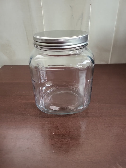 LARGE Clear Glass Jar 6.75H x 5.5"W Square Silver Screw Lid 4" Mouth