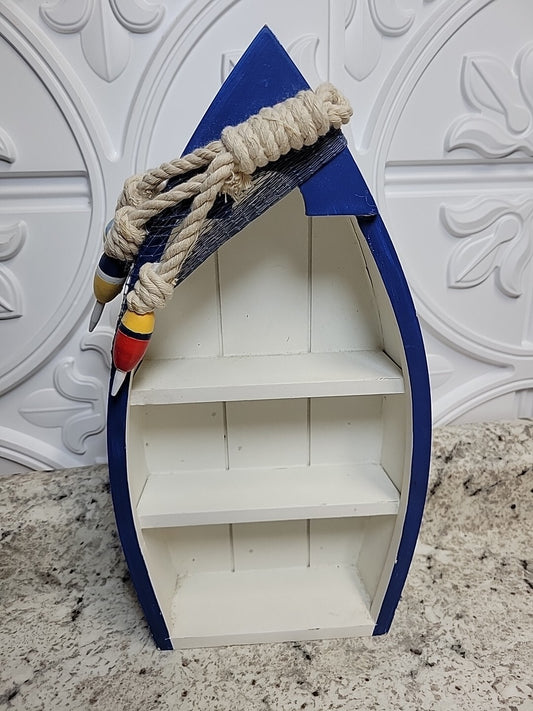 Wooden Boat Display with 3 Shelves Fish Net, White Wood Boat Stand