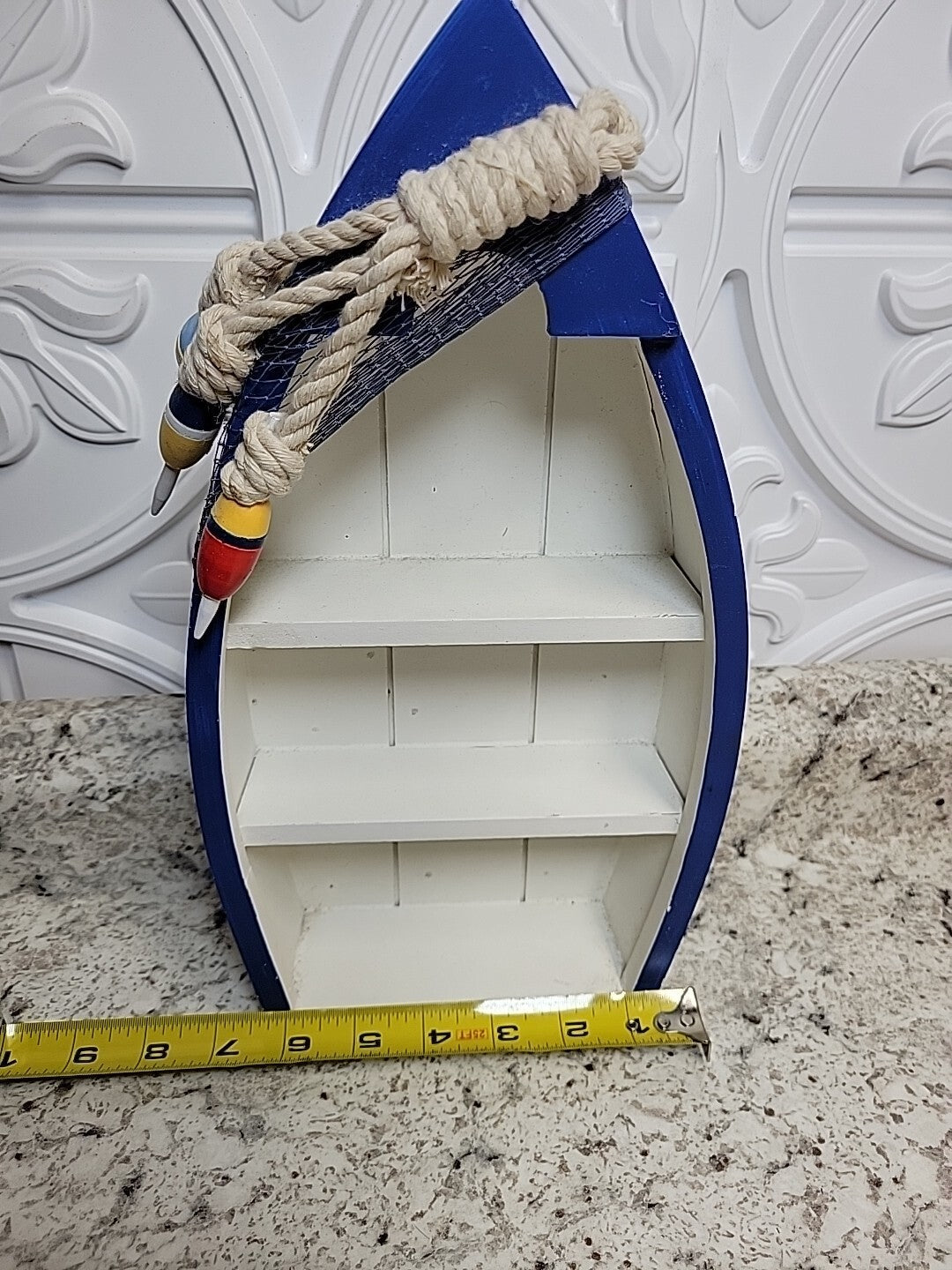 Wooden Boat Display with 3 Shelves Fish Net, White Wood Boat Stand