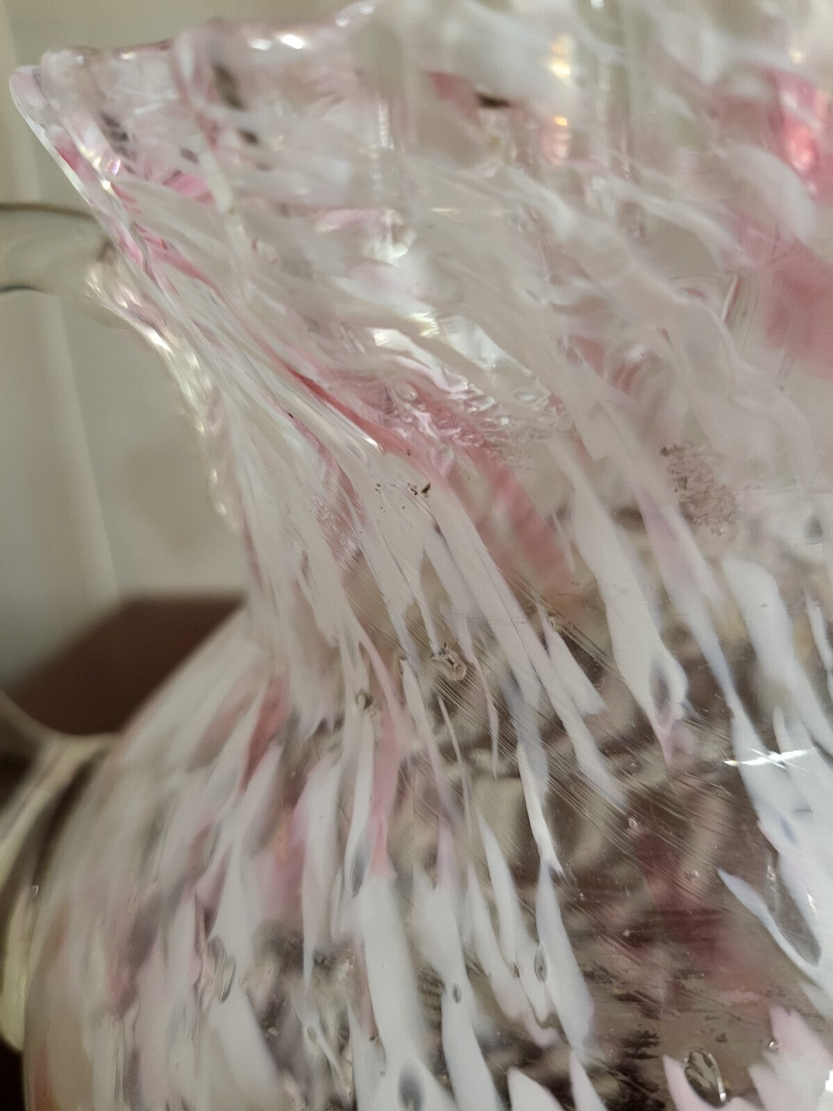 Fenton Pink Swirl / Splatter Glass Pitcher Vase 8.5H x 6.5"W +handle #4297 MORE