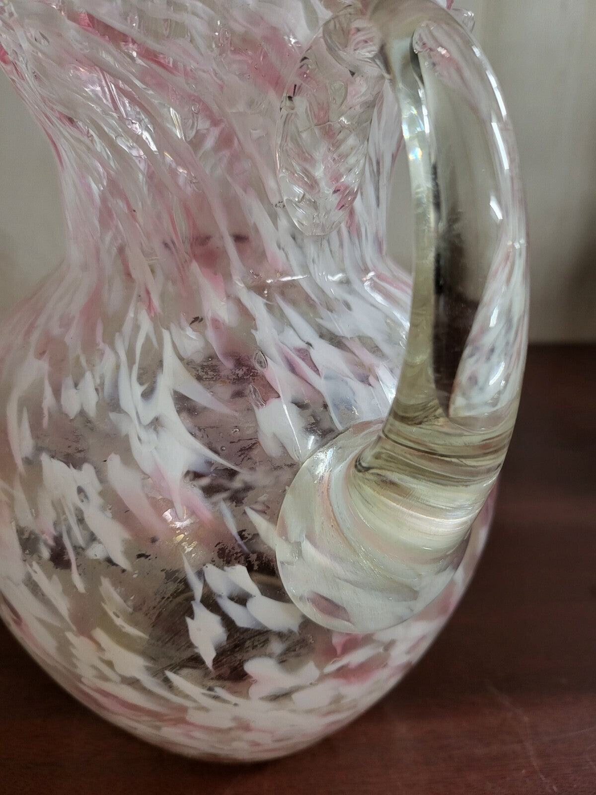 Fenton Pink Swirl / Splatter Glass Pitcher Vase 8.5H x 6.5"W +handle #4297 MORE