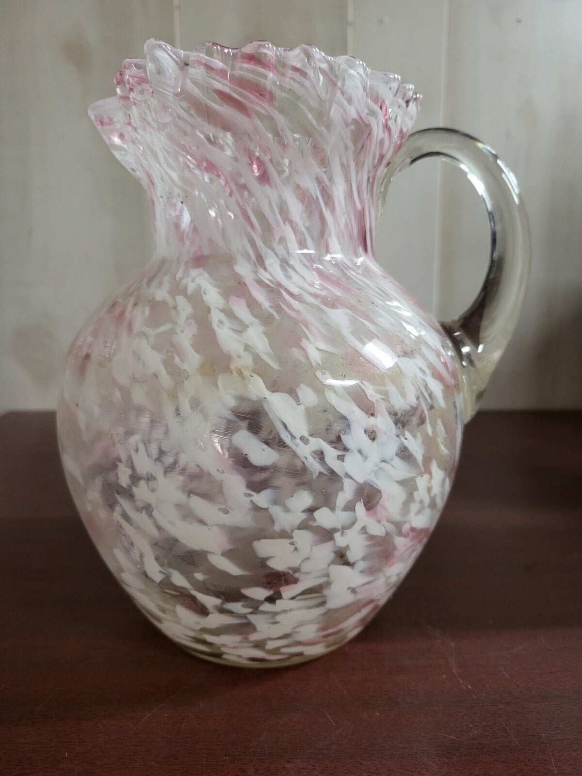 Fenton Pink Swirl / Splatter Glass Pitcher Vase 8.5H x 6.5"W +handle #4297 MORE