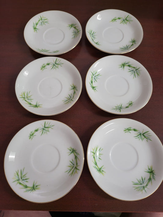 Vintage Kutani China 6 Saucers 6"  Green Bamboo Pattern  #4143