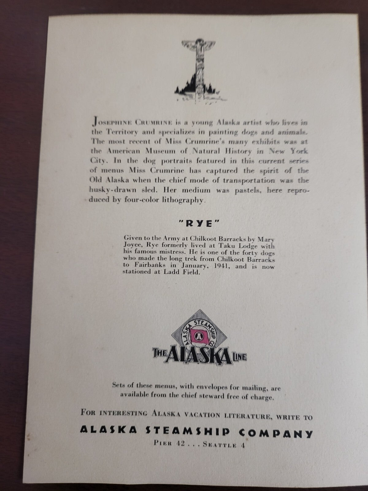 1940s Josephine Crumrine Lithography RYE Alaska Steamship Co Menu 5.5 x 8"