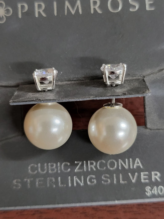 Primrose Earrings Cubic Zirconia Studs Sterling Silver Reversible Pearl  #173