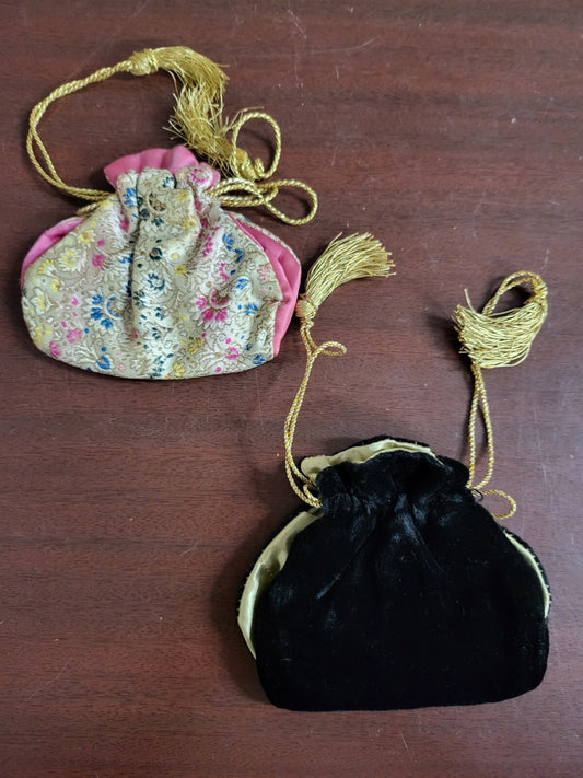 2 Vintage Purses Handbags Exc Cond Black Velvet & Multicolor Sati 4.5 x 4" #164