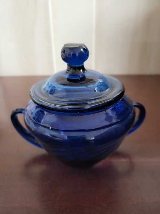 Hand Blown Blue Glass Swirl Pattern Bowl & Lid  4 x 4"+handles #4160
