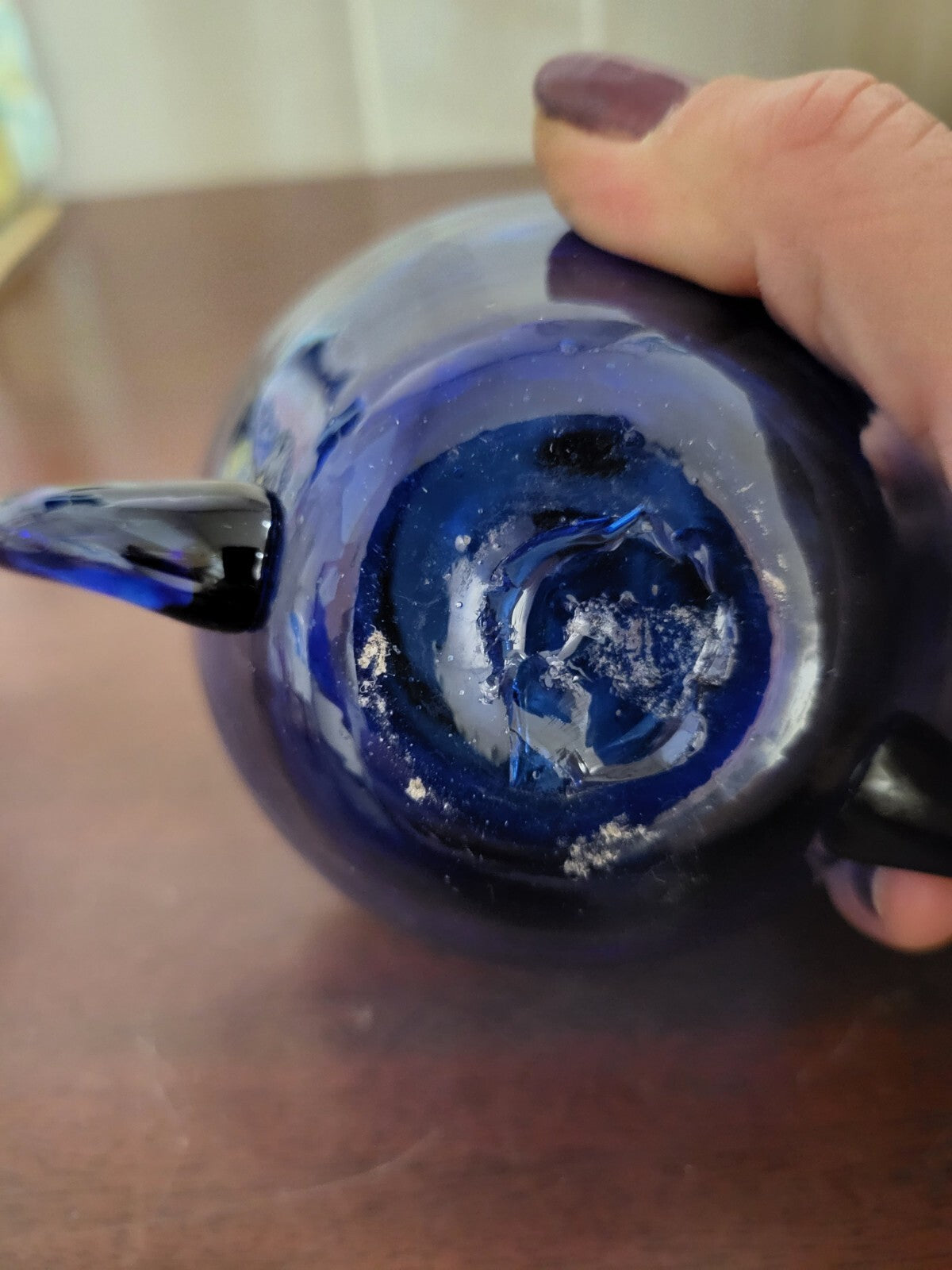 Hand Blown Blue Glass Swirl Pattern Bowl & Lid  4 x 4"+handles #4160