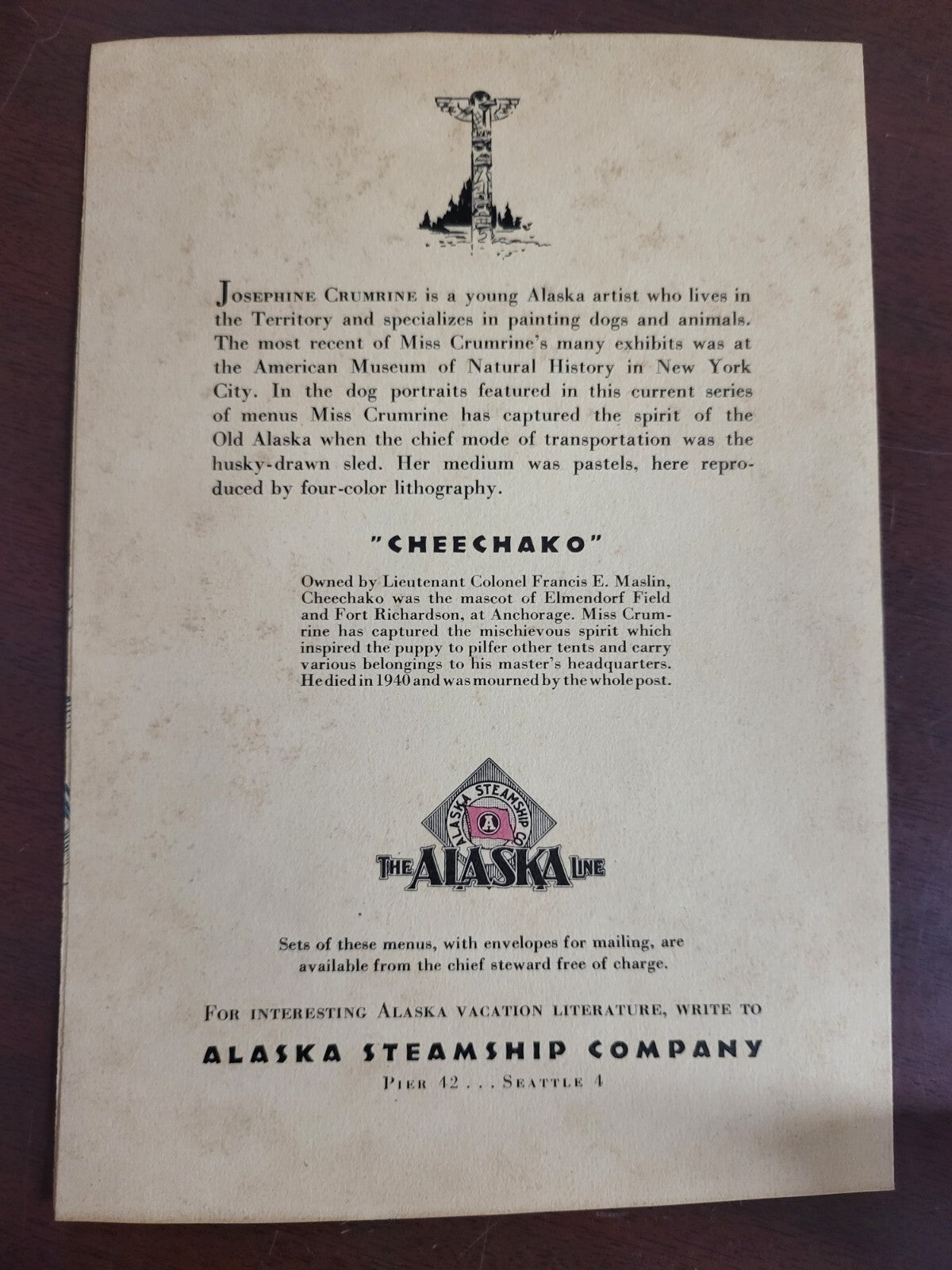 1940s Josephine Crumrine Lithography Cheechako Alaska Steamship Co Menu 5.5 x 8"