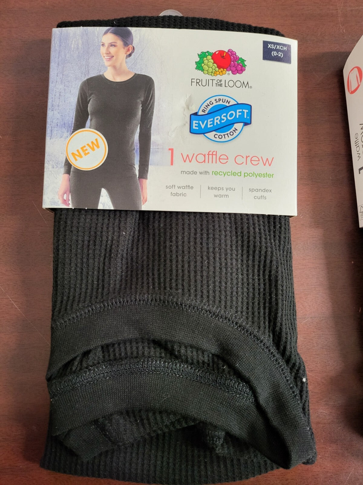 Fruit of The Loom Ladies Eversoft Crew Neck Thermal   Black XS   Waffle Shirt