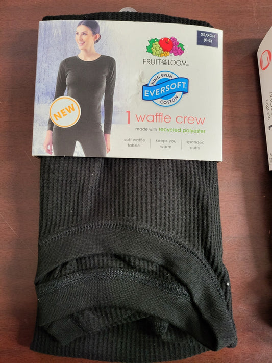 Fruit of The Loom Ladies Eversoft Crew Neck Thermal   Black XS   Waffle Shirt
