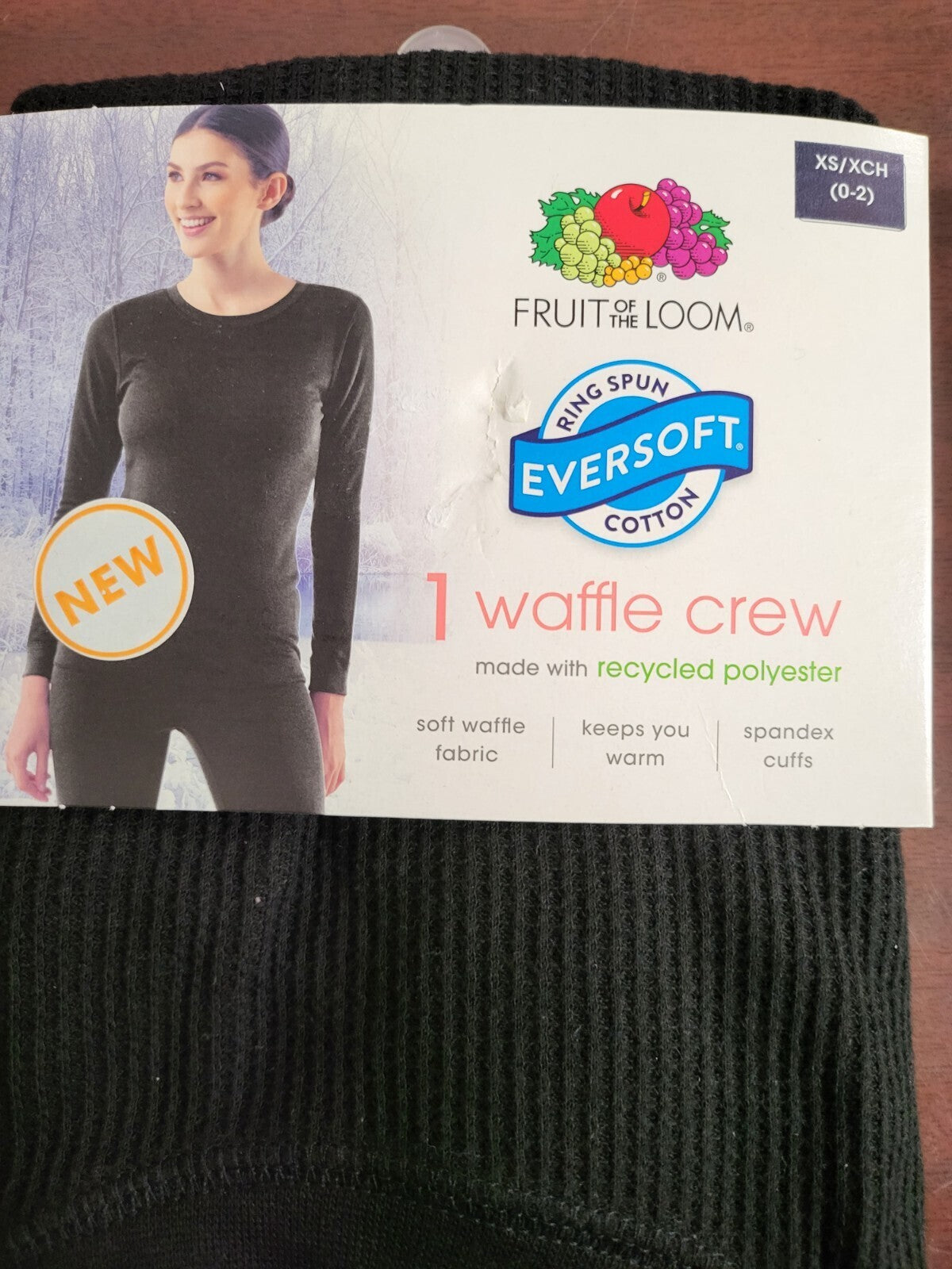 Fruit of The Loom Ladies Eversoft Crew Neck Thermal   Black XS   Waffle Shirt