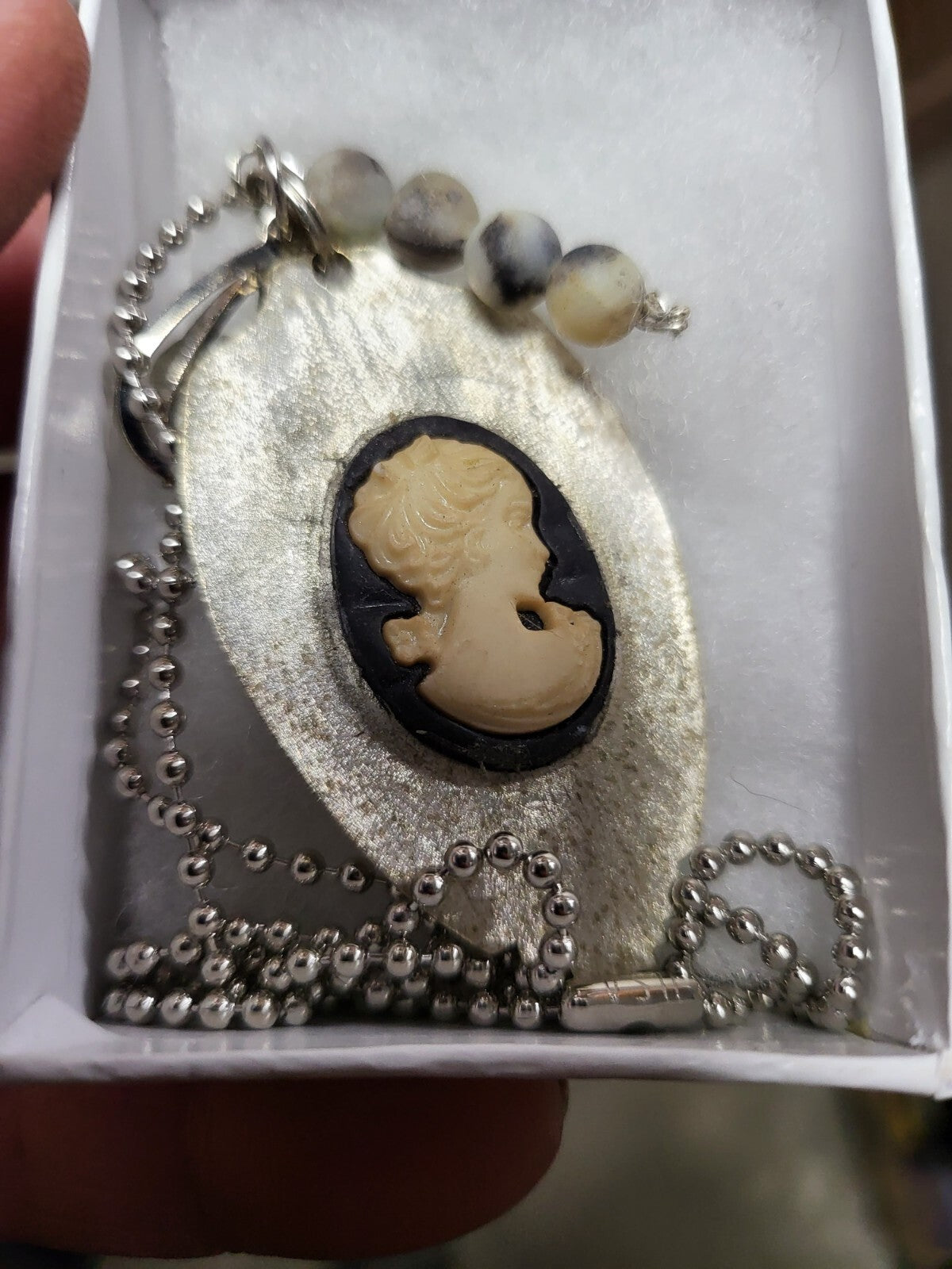 Vtg Handmade Flatware Jewelry Spoon Necklace 2" Pendant 23" Chain Cream #2401