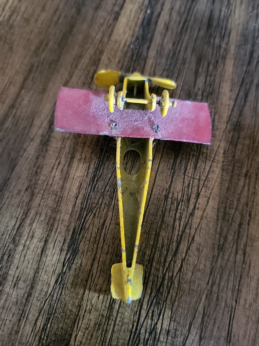 Vintage Miniature Airplane Yellow Red Metal Die Cast ~3"L