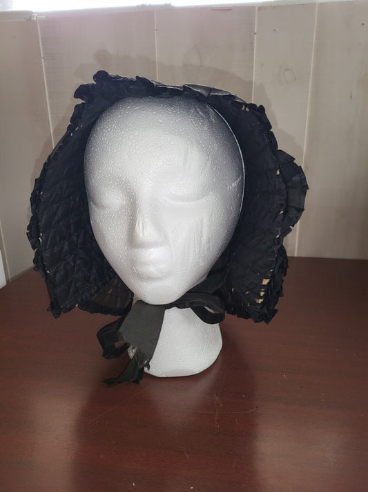Antique GENUINE Quaker Quilted Bonnet Cap Hat BLACK   has wear damage