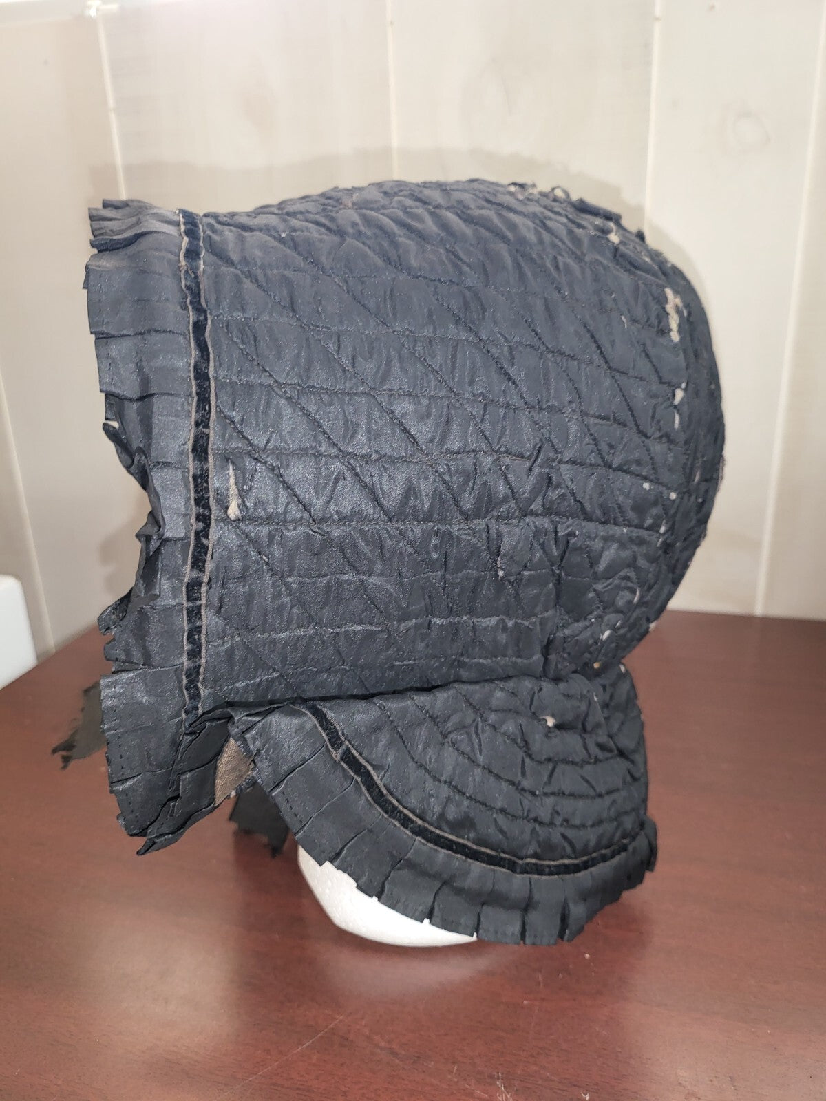 Antique GENUINE Quaker Quilted Bonnet Cap Hat BLACK   has wear damage