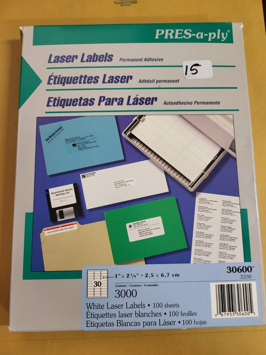 3000 Pres-A-Ply Laser Labels 30600 White 1 x 2 5/8" Permanent Adhesive for Addre