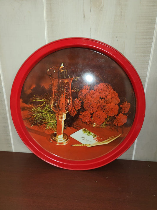 Vintage Mid Century Tin Holiday Flowers & Candle Scene Metal Cookie Tray Décor
