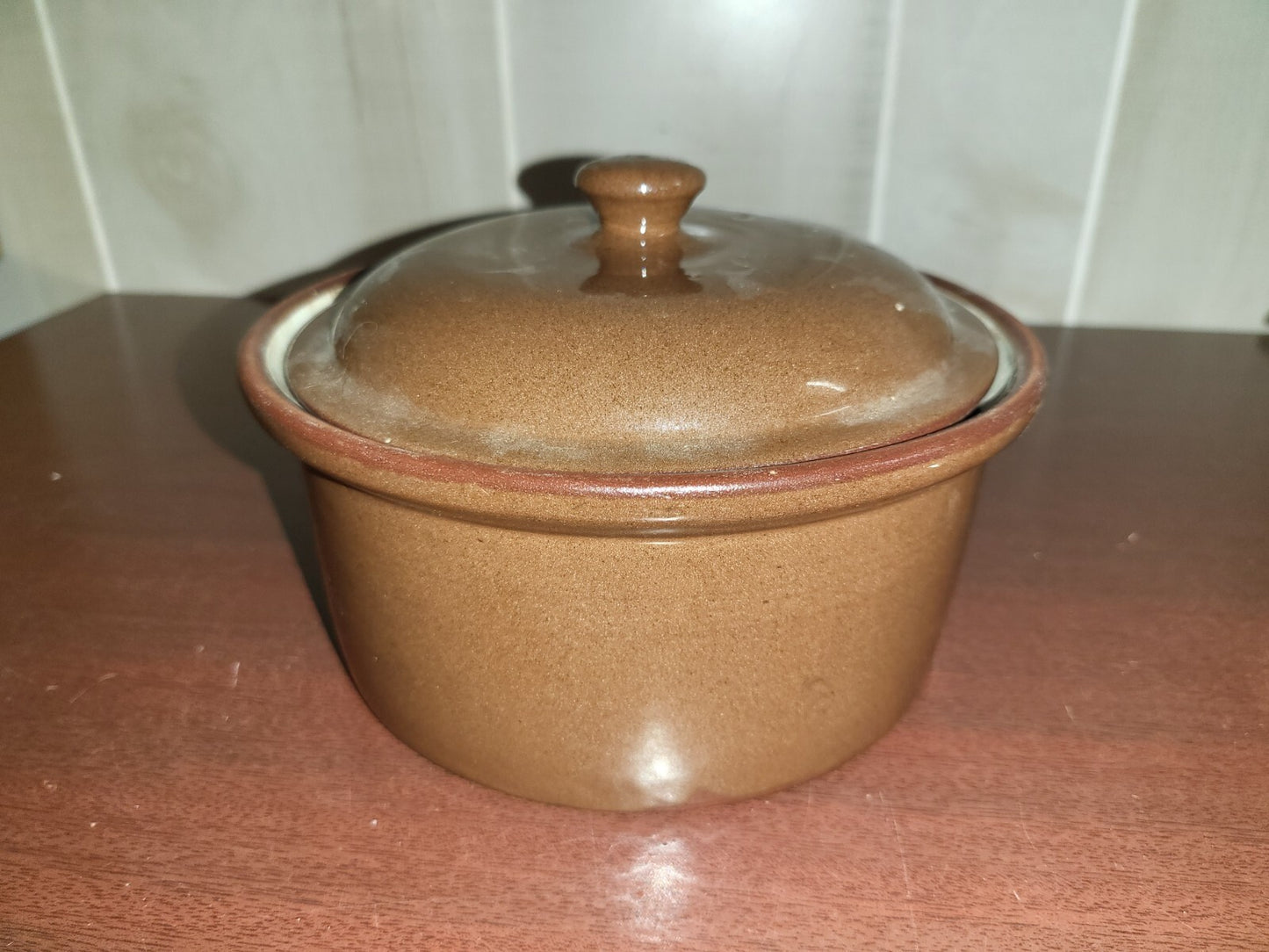 Covered Casserole Crock, Lid & Sleeve Brown Stoneware 7 x 3"  Weller Pottery