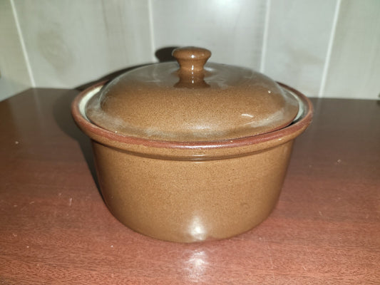 Covered Casserole Crock, Lid & Sleeve Brown Stoneware 7 x 3"  Weller Pottery
