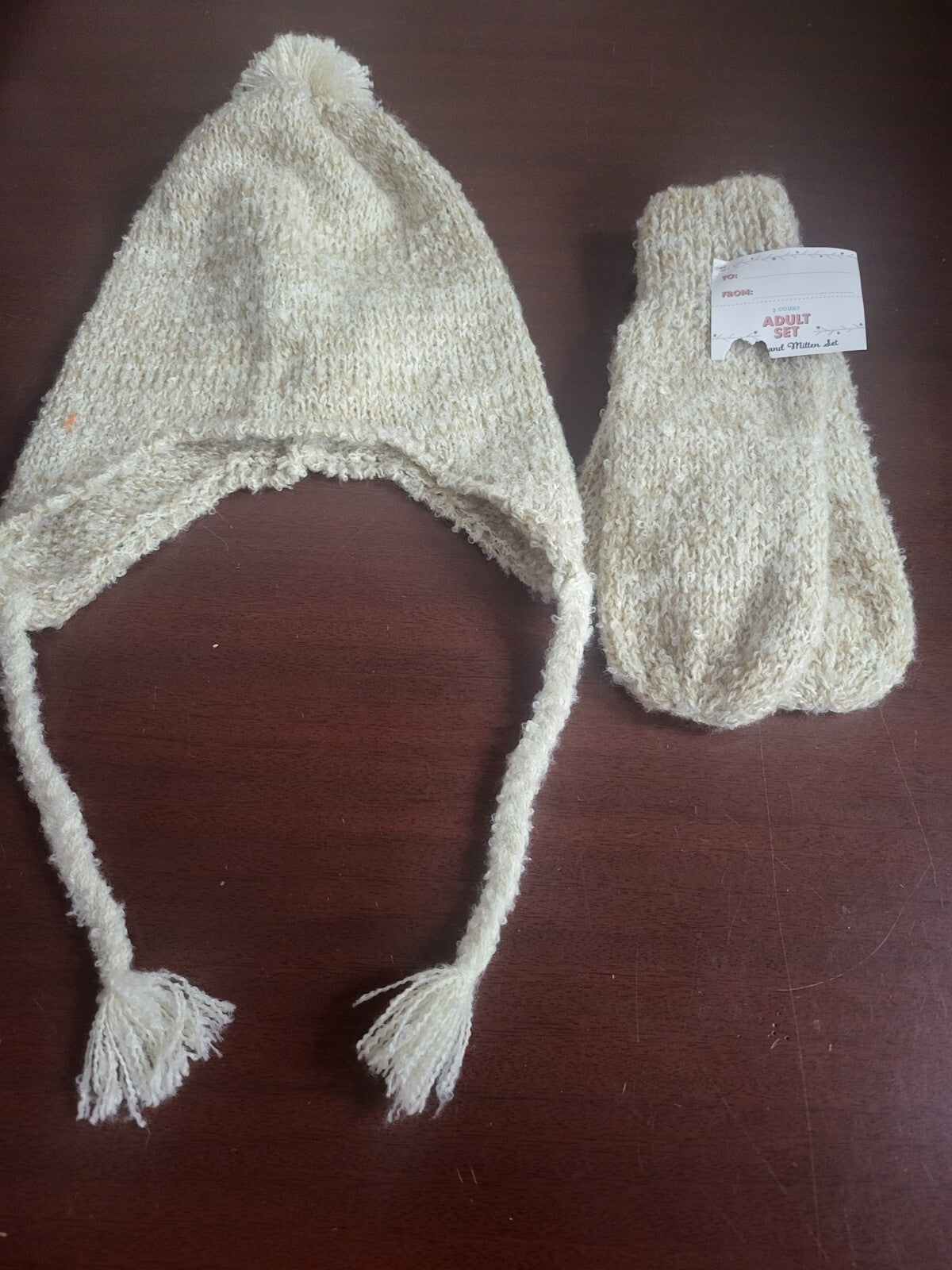 Beanie Hat Cap & Mittens Set for Adults  Light Brown Cute & Fun & Warm