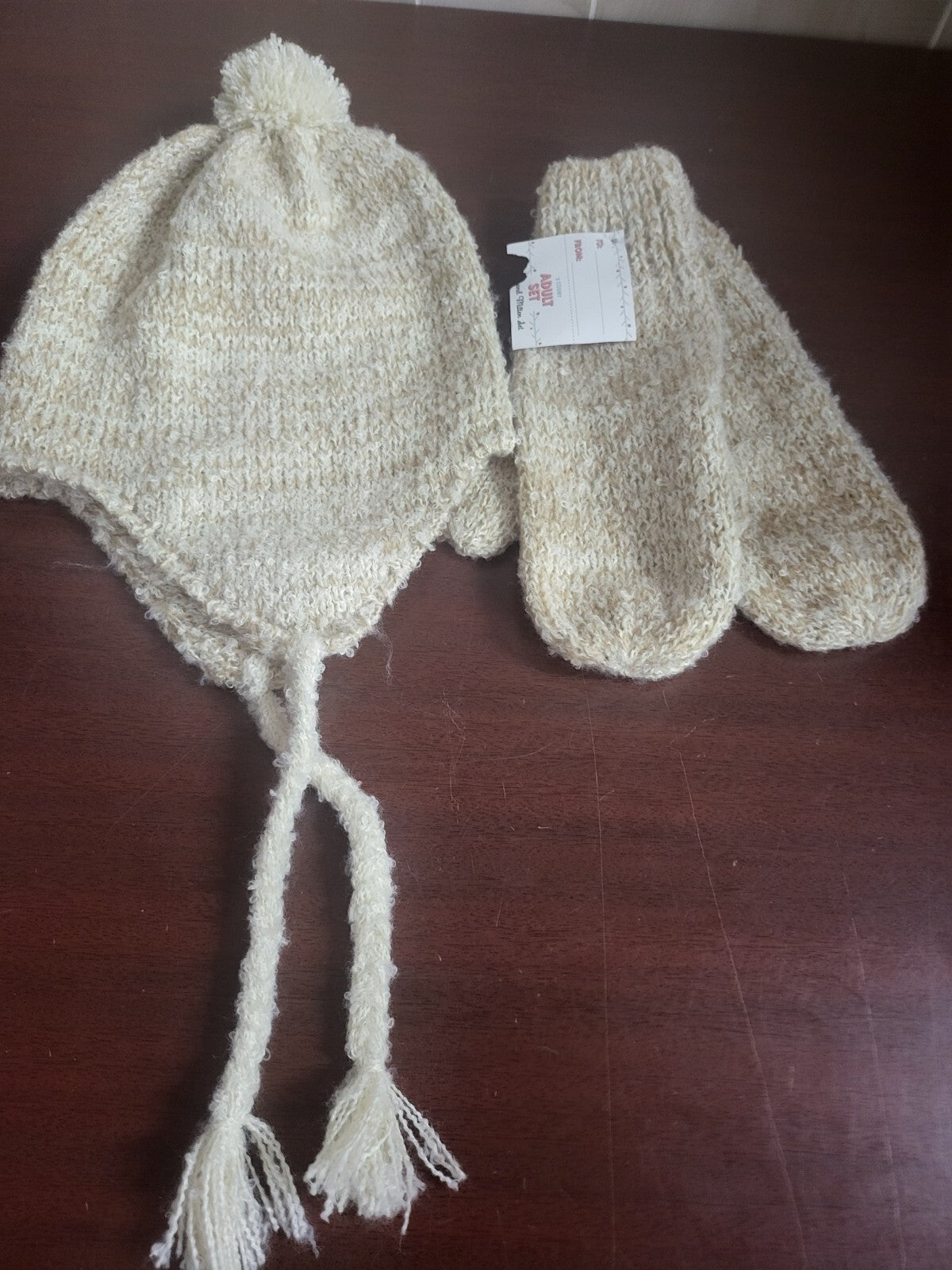 Beanie Hat Cap & Mittens Set for Adults  Light Brown Cute & Fun & Warm