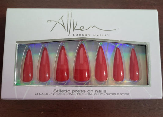 AllKem Luxury Nails HOT RED Extra Long Stiletto Press On Nails 24 Nails, 12 Size