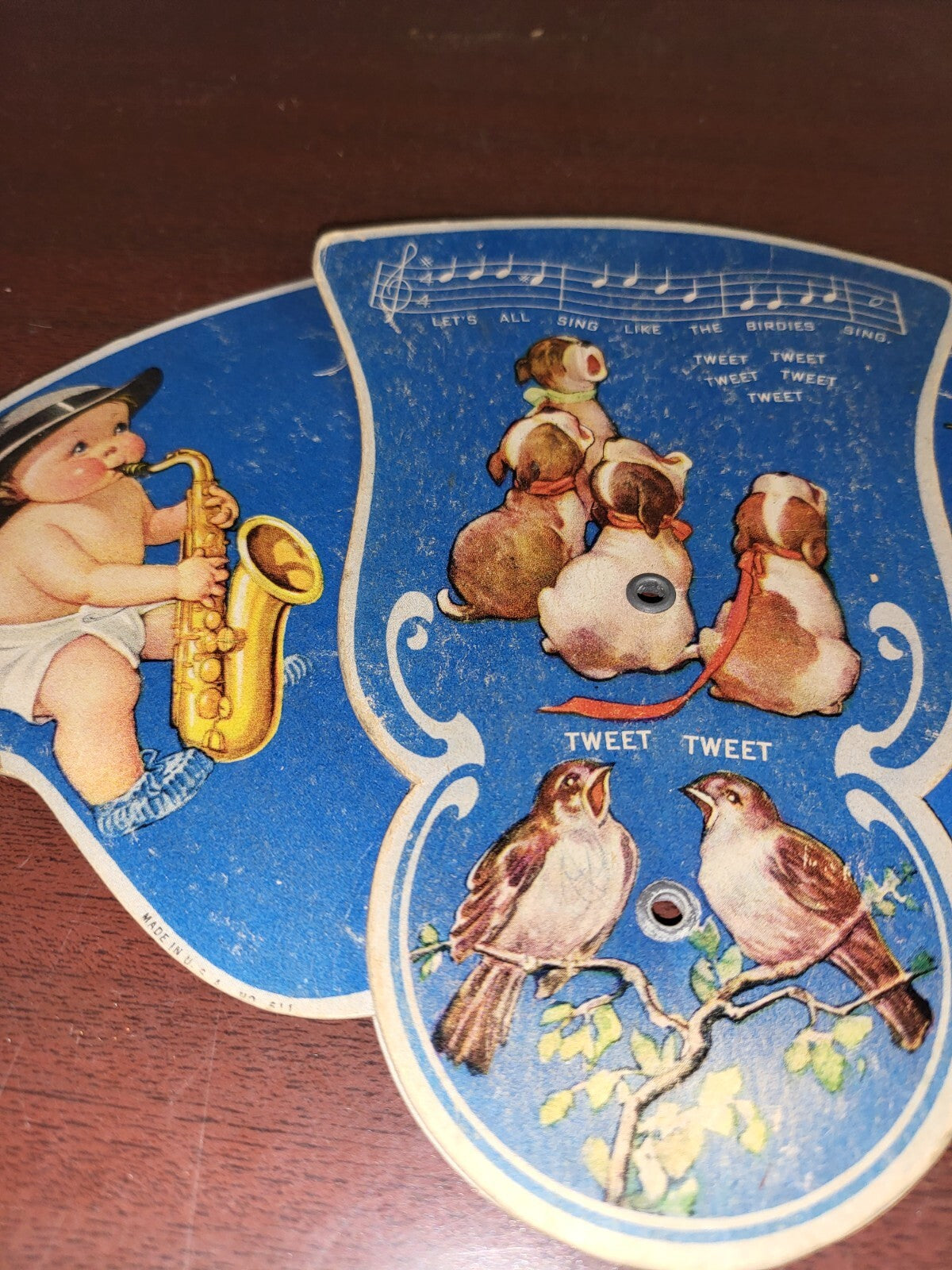 Vintage Greeting Card Hand Fan Let's All Sing Like The Birdies Sing Tweet 3 Pane