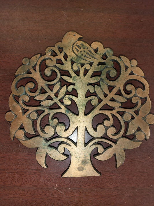Vintage Trivet - Metal 7.25 x 7.25 x .5" Bird In Tree  has Hook for Hanging