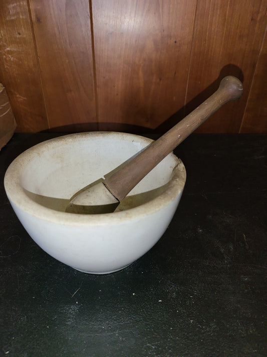 Figurine Vintage Mortar & Pestle 6" x 3.5"H  Pestle is 8.25"L  A3008