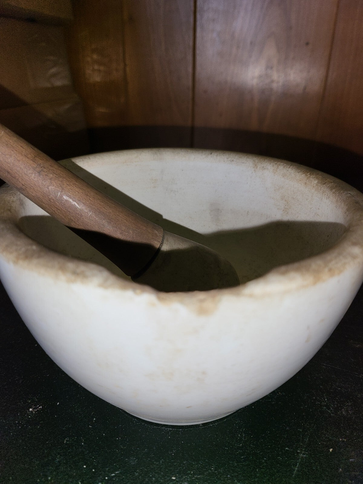 Figurine Vintage Mortar & Pestle 6" x 3.5"H  Pestle is 8.25"L  A3008