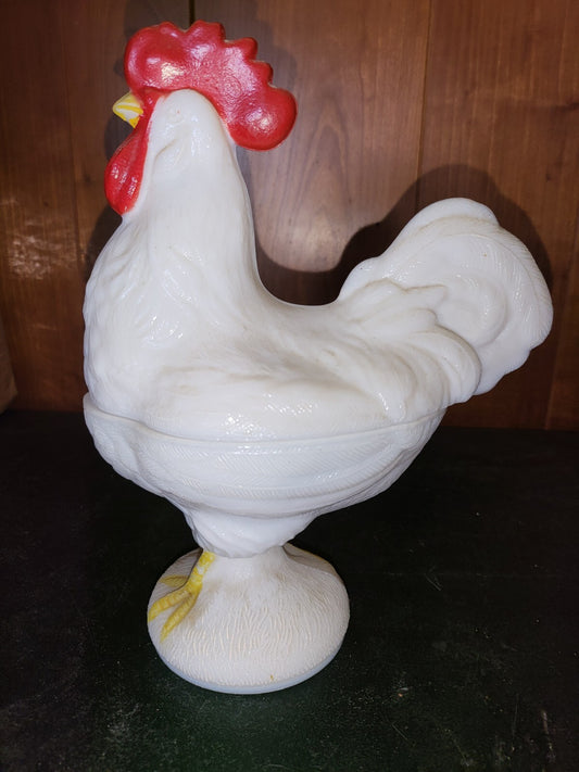 Figurine Hen on Nest Rooster White Milk Glass 8.5H x 6.5"D C3012
