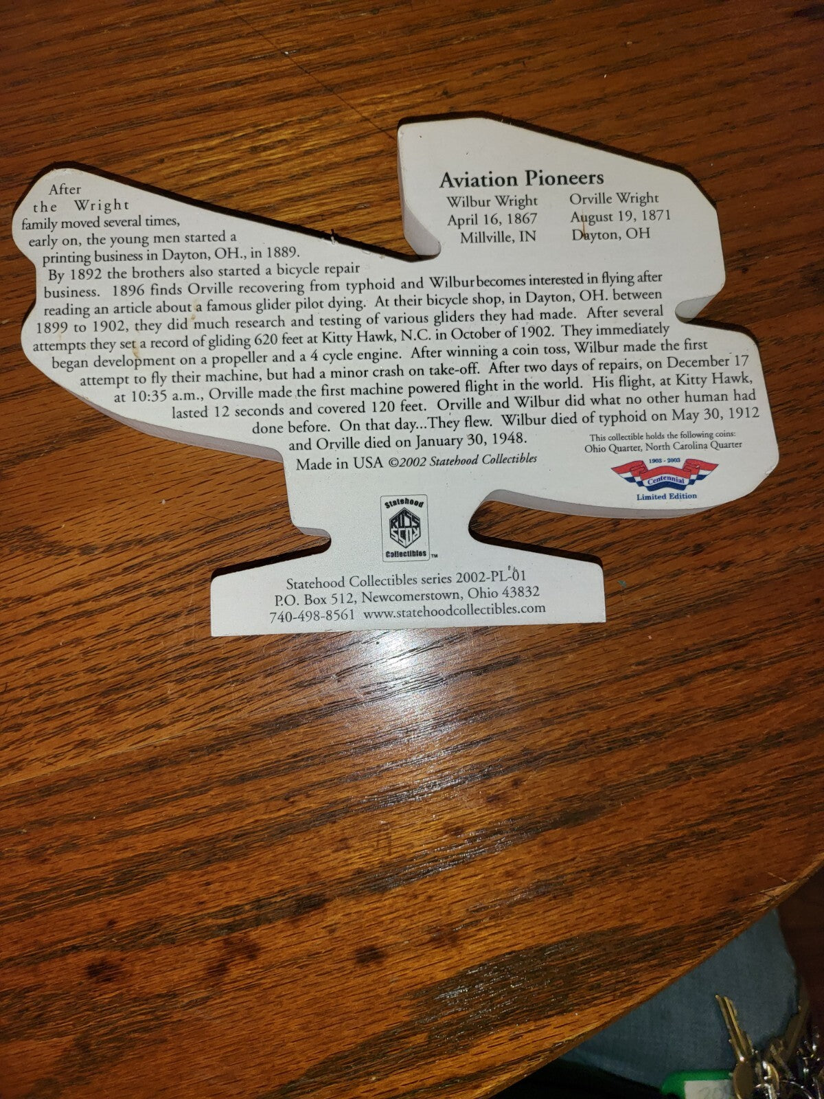 Wood Block Decor Aviation Pioneers First In Flight Statehood 8 x 5.5 Wright Bros