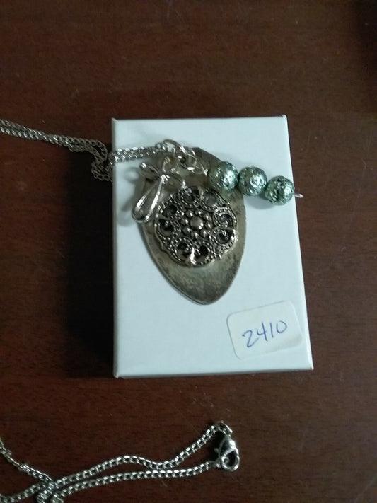 Vtg Handmade Flatware Jewelry Spoon Necklace Loop Cross Teal Beads 26"  #2410
