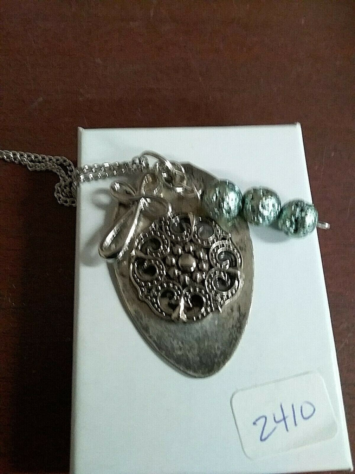 Vtg Handmade Flatware Jewelry Spoon Necklace Loop Cross Teal Beads 26"  #2410