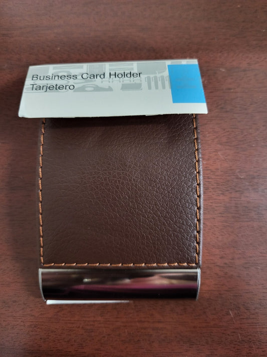 Business Card Holder Flip Top Magnetic Close Metal Case Brown Faux Leather