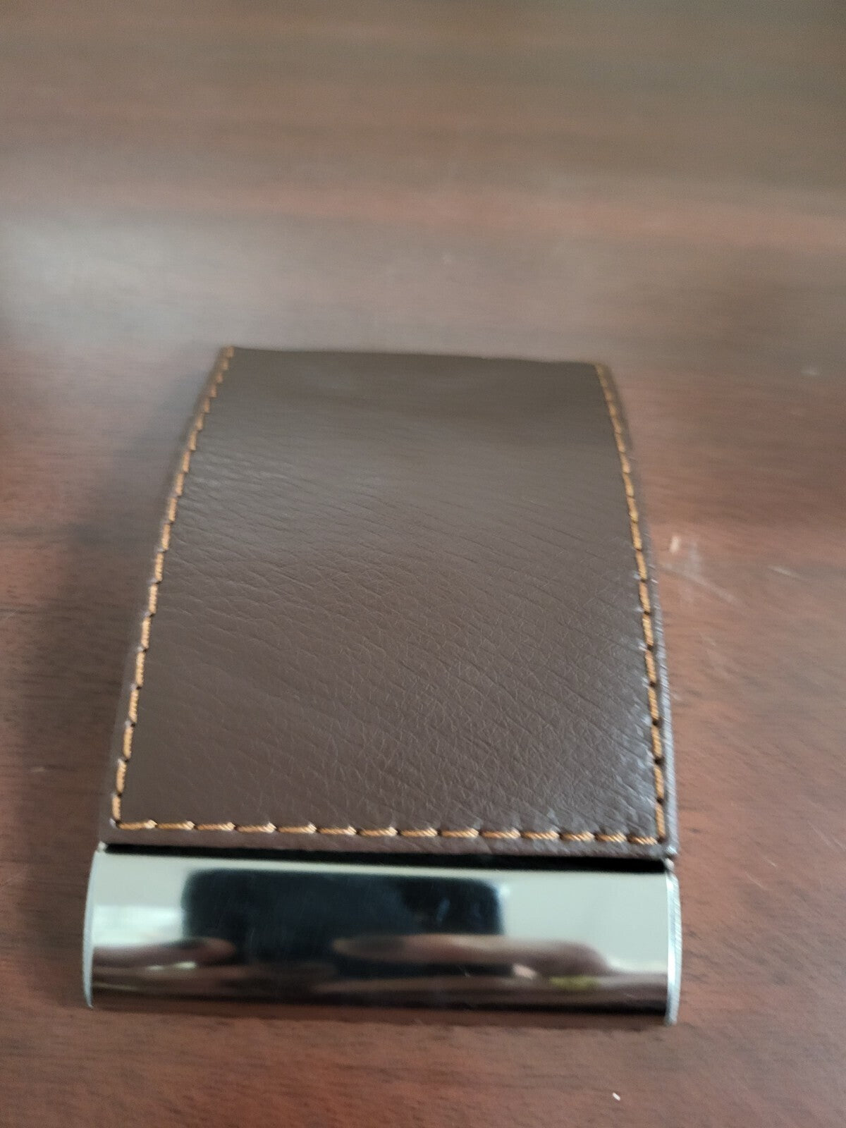 Business Card Holder Flip Top Magnetic Close Metal Case Brown Faux Leather