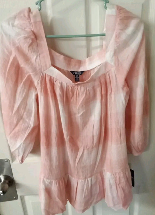 CHAPS CHECKED 3/4 BELL SLEEVE CRINKLE TOP - PINK - SIZE LARGE - NWT