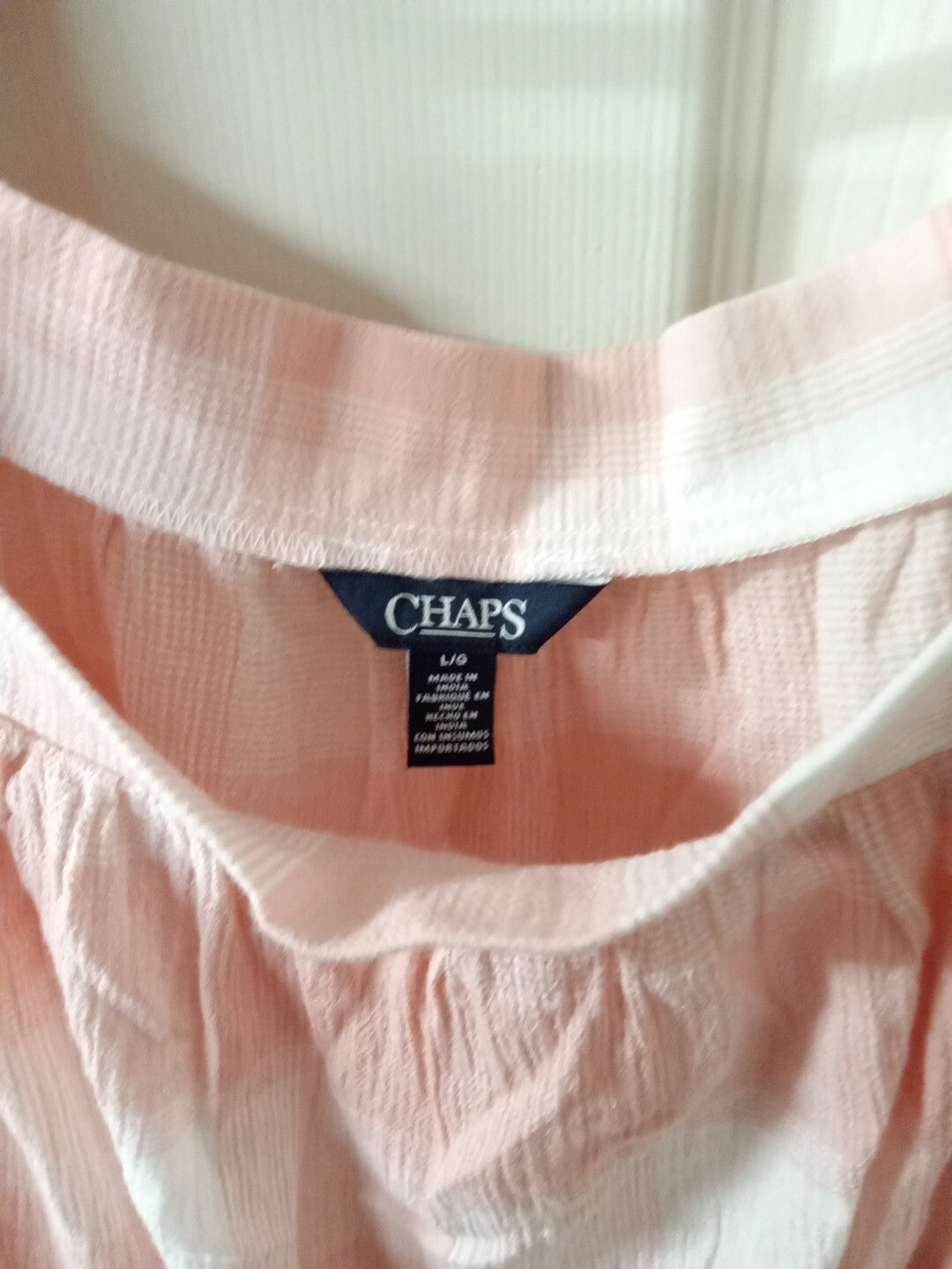 CHAPS CHECKED 3/4 BELL SLEEVE CRINKLE TOP - PINK - SIZE LARGE - NWT