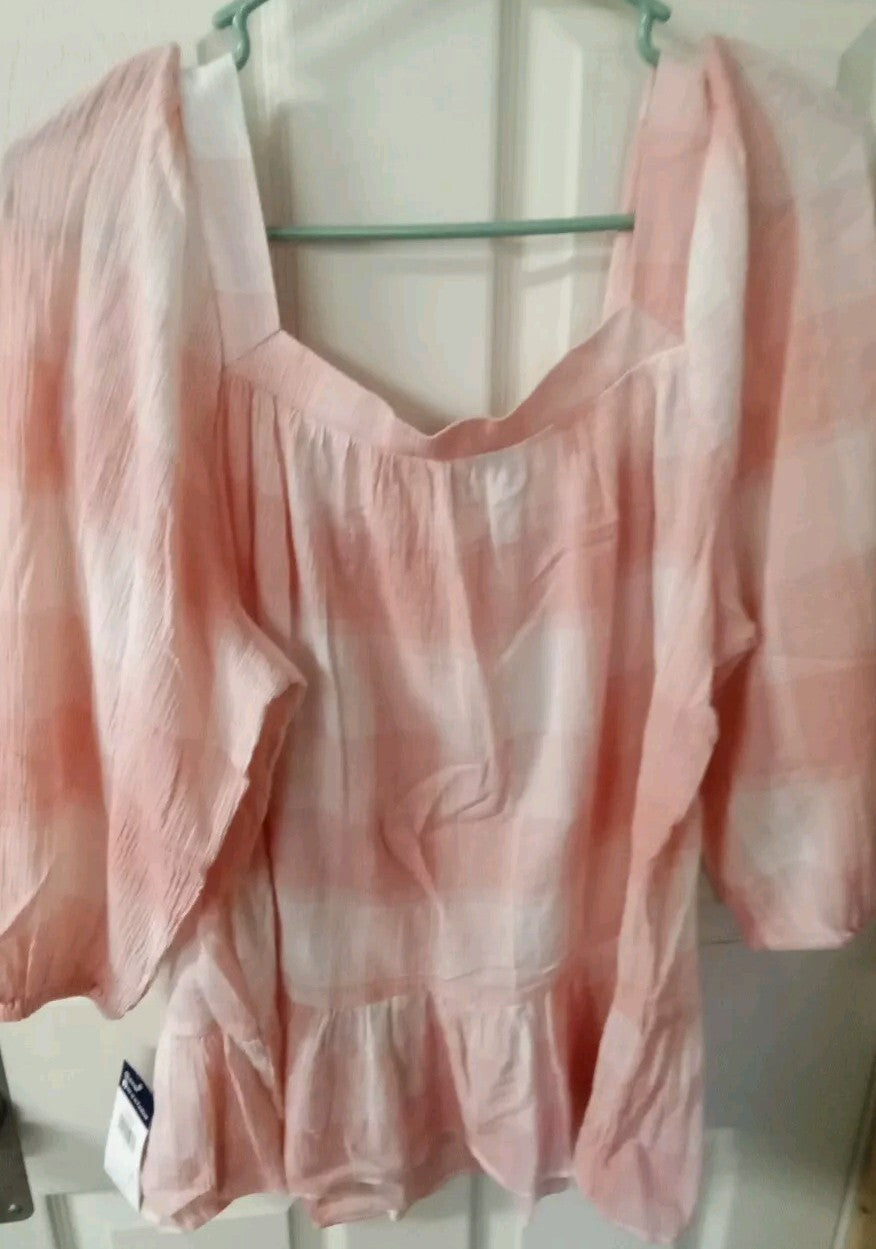 CHAPS CHECKED 3/4 BELL SLEEVE CRINKLE TOP - PINK - SIZE LARGE - NWT