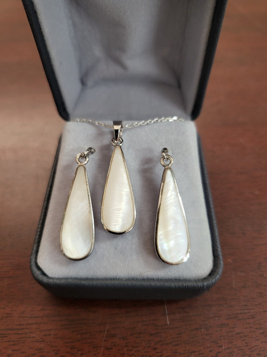 Sterling Silver Necklace & Earrings Set 1" White Teardrops 16" Chain Jewelry