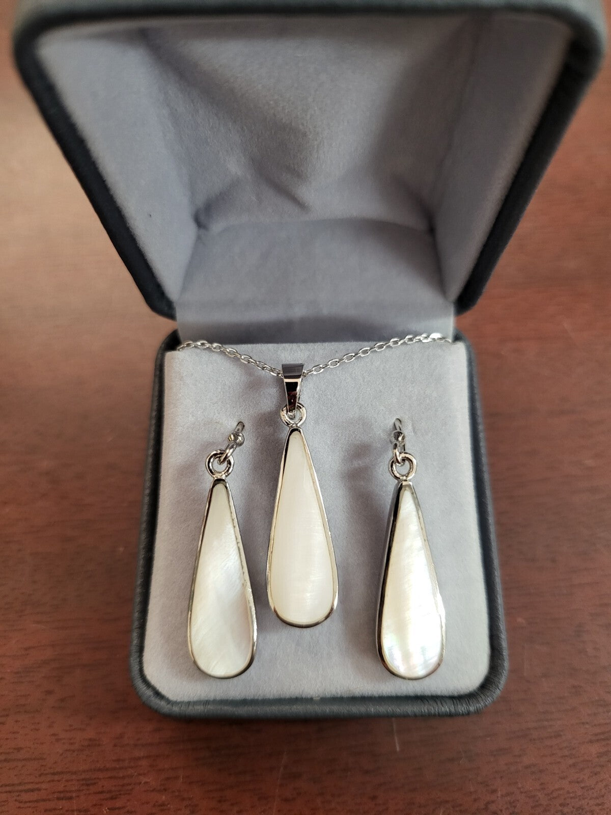 Sterling Silver Necklace & Earrings Set 1" White Teardrops 16" Chain Jewelry