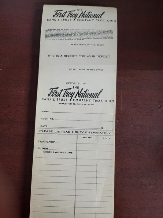 Troy First National Bank Vintage Deposit Slip Book  `3.5 x 10"