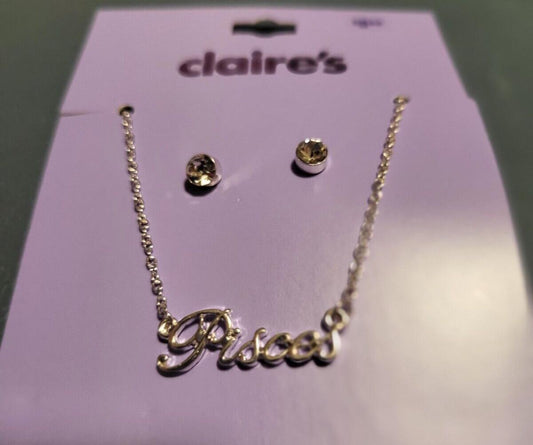 Claire's Necklace & Earring Set PISCES 16" Chain +3" Extender Clear Studs