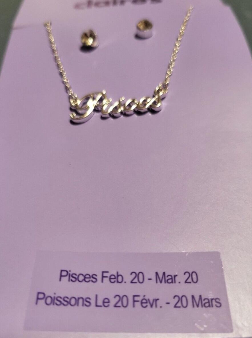 Claire's Necklace & Earring Set PISCES 16" Chain +3" Extender Clear Studs