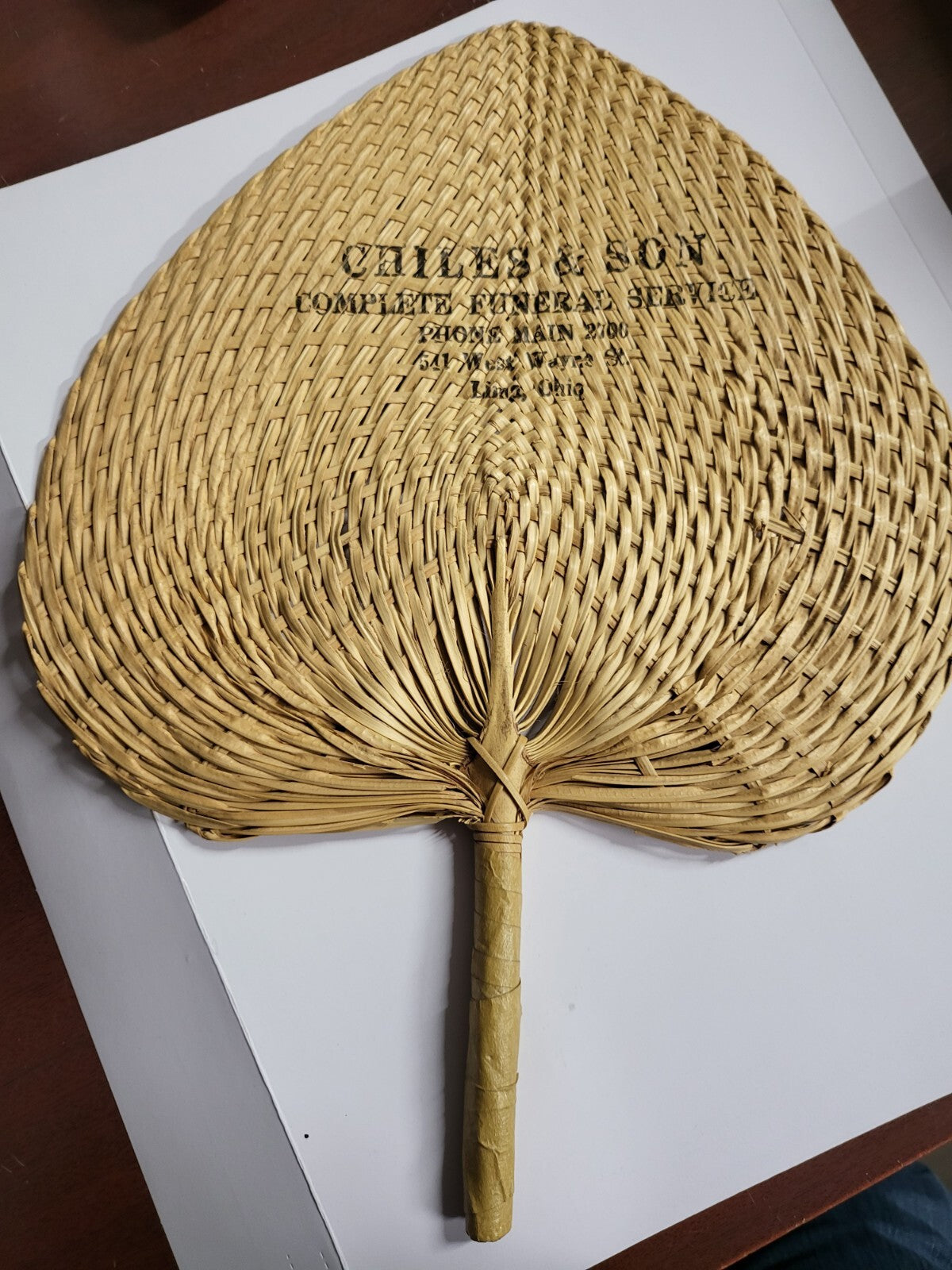 Vintage Woven Funeral Home Fan 11W x 15"H  Chiles & Son Lima OH