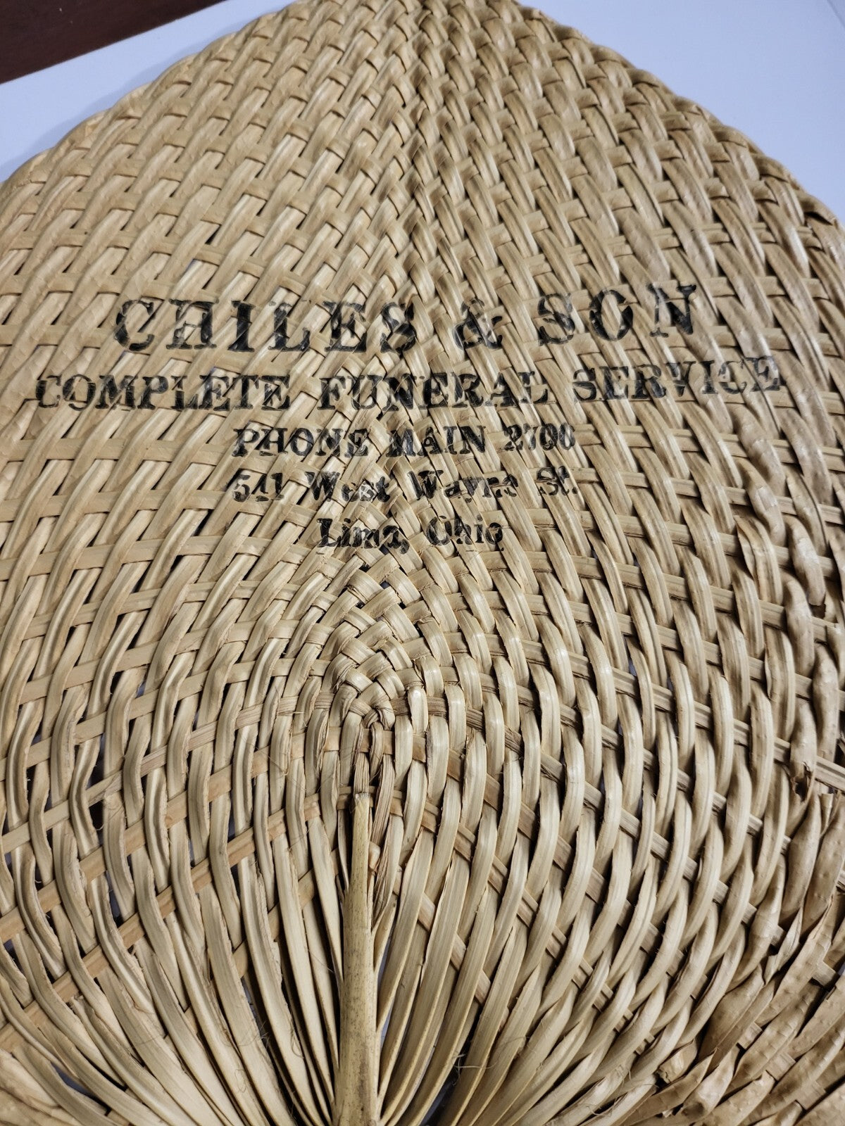 Vintage Woven Funeral Home Fan 11W x 15"H  Chiles & Son Lima OH